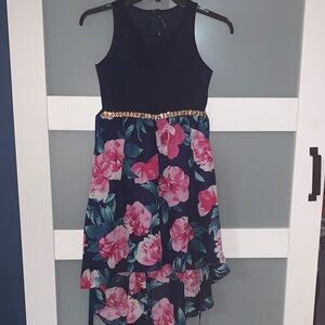 Elegant Navy and Pink Floral Kids Dress